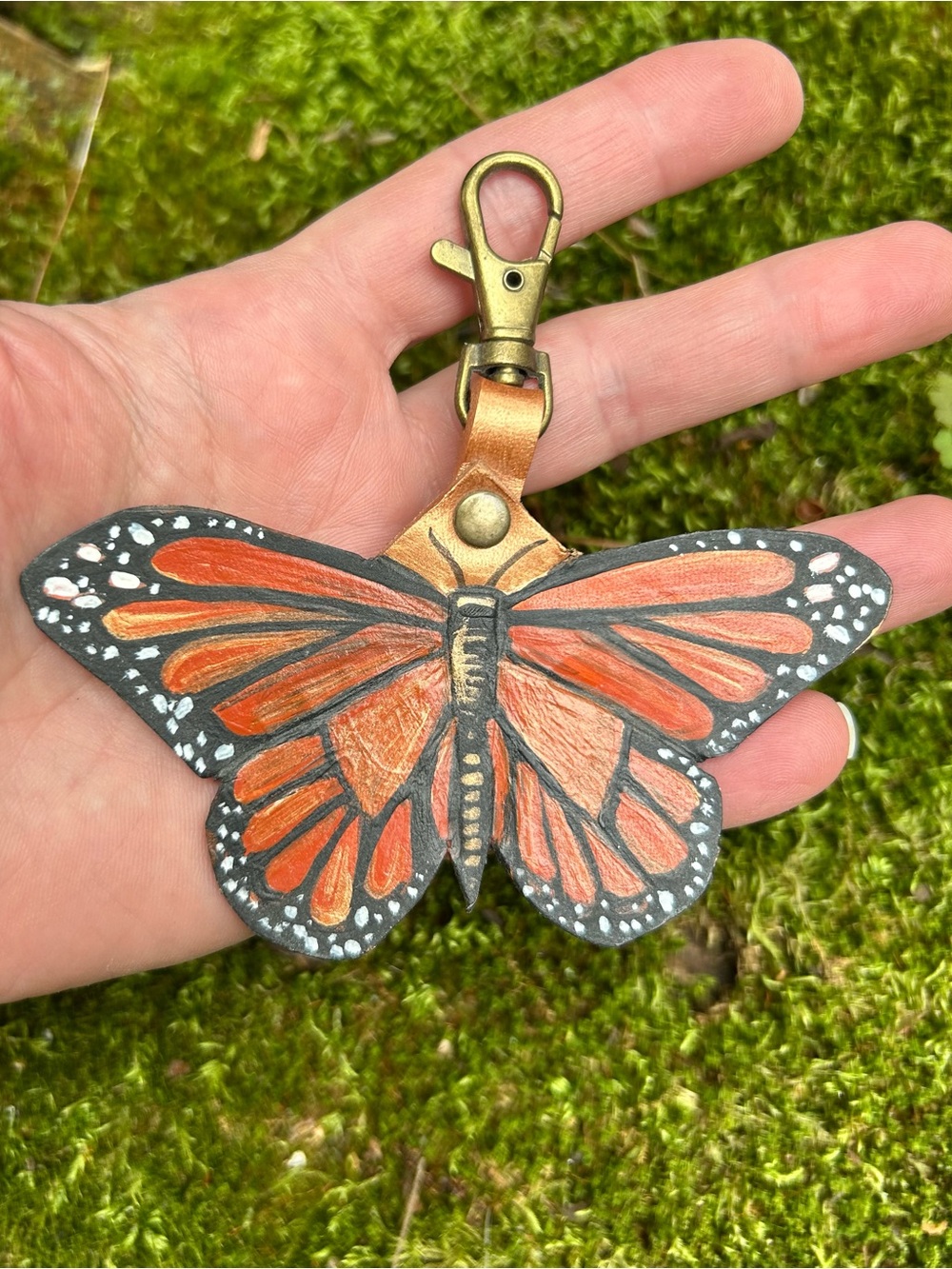 Hand-Painted Monarch Butterfly Leather Keychain Bag Charm